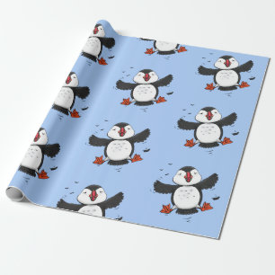 Papel De Presente Imagem azul de desenho animado de puffin voador e