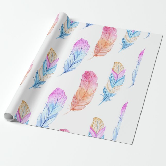 Papel De Presente Impressão 3 da pena de Boho da aguarela (Desenrolado)