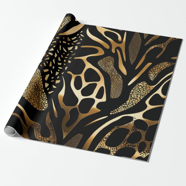 Papel De Presente Impressão a preto e Dourado animais (10) (Desenrolado)