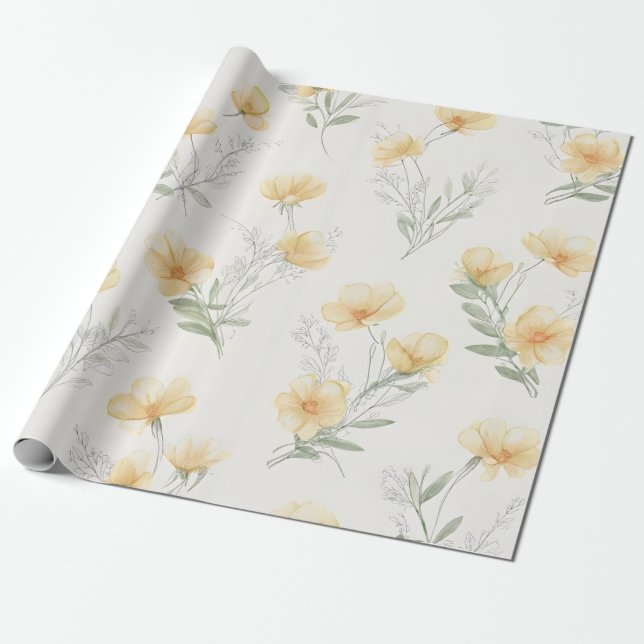 Papel De Presente Impressão Botânica de Flores Silvestres Amarelas C (Desenrolado)