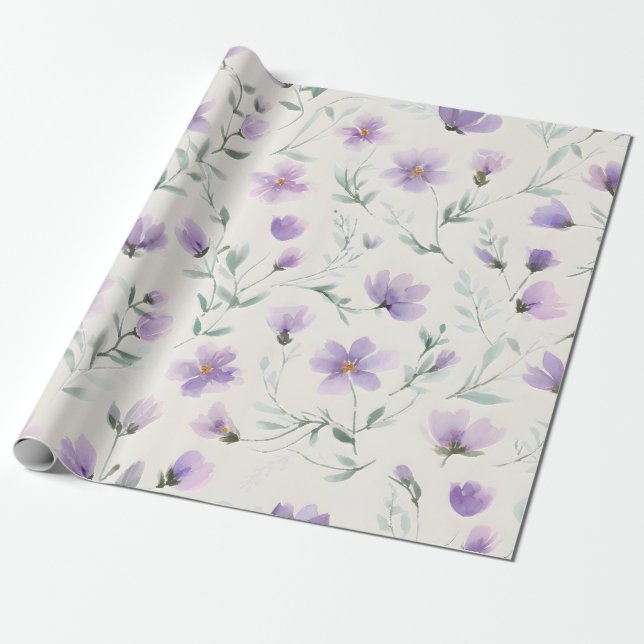 Papel De Presente Impressão Botânica de Flores Silvestres Purple Cot (Desenrolado)