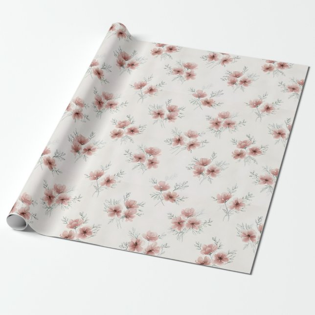 Papel De Presente Impressão Botânica de Flores Silvestres Rosa Cotta (Desenrolado)