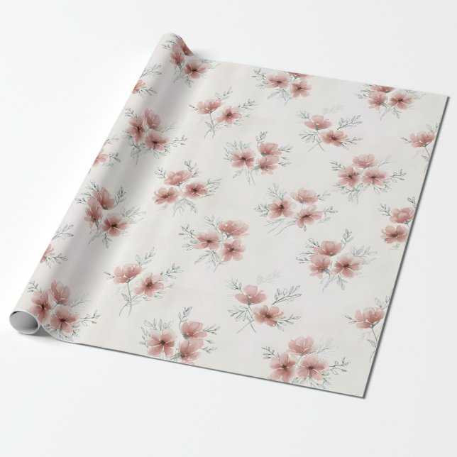 Papel De Presente Impressão Botânica de Flores Silvestres Rosa Cotta (Desenrolado)