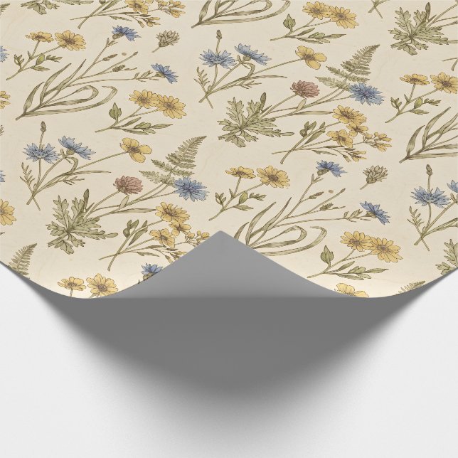 Papel De Presente Impressão Botânica Meadowcore Flores Azuis Amarela (Ponta)