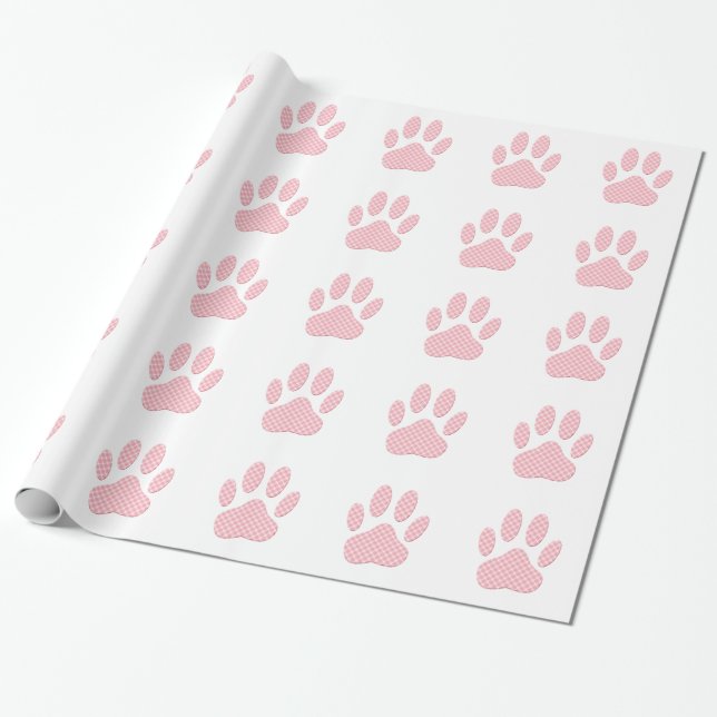 Papel De Presente Impressão Da Pata De Cães De Tartan Cor-De-Rosa E  (Desenrolado)