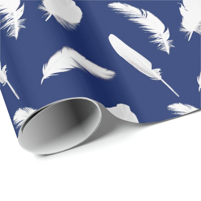 Papel De Presente Impressão da pena branca em azul escuro (Ponta do rolo)