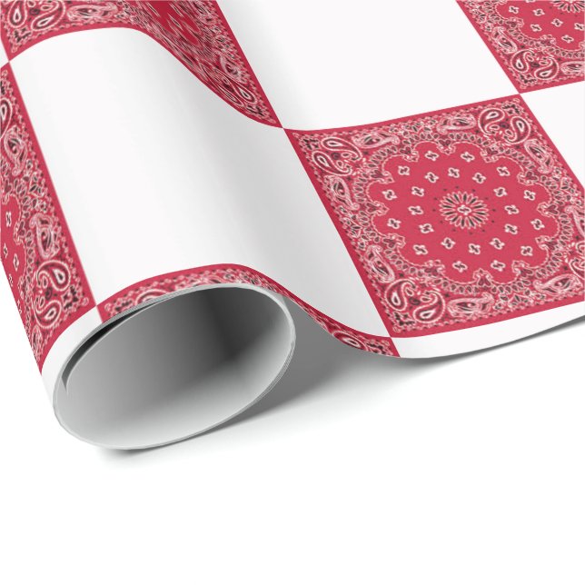 Papel De Presente Impressão De Bandana Vermelha E Blocos Brancos (Ponta do rolo)