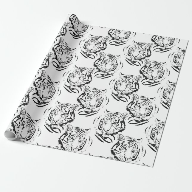 Papel De Presente Impressão de cabeça de Tigre Branco e Preto Elegan (Desenrolado)