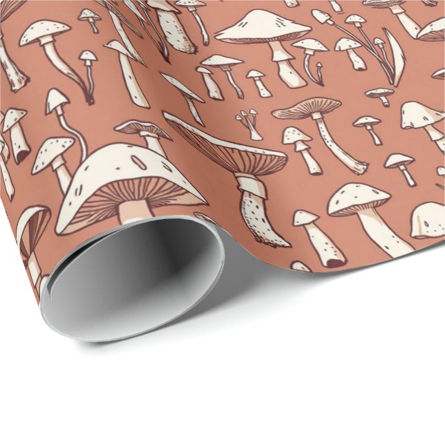 Papel De Presente Impressão de Cogumelo em Marrom Terracota (Ponta do rolo)