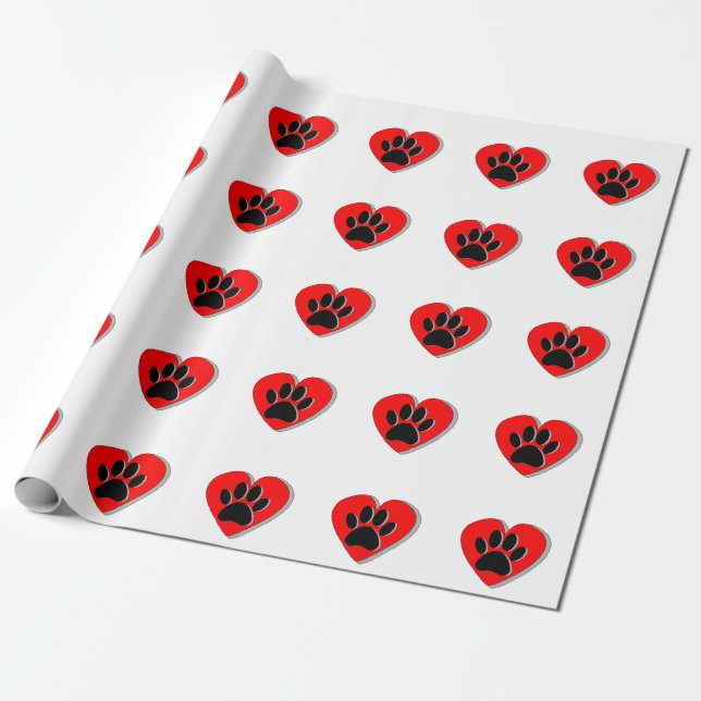 Papel De Presente Impressão De Coração Vermelho E Pata De Cães (Desenrolado)