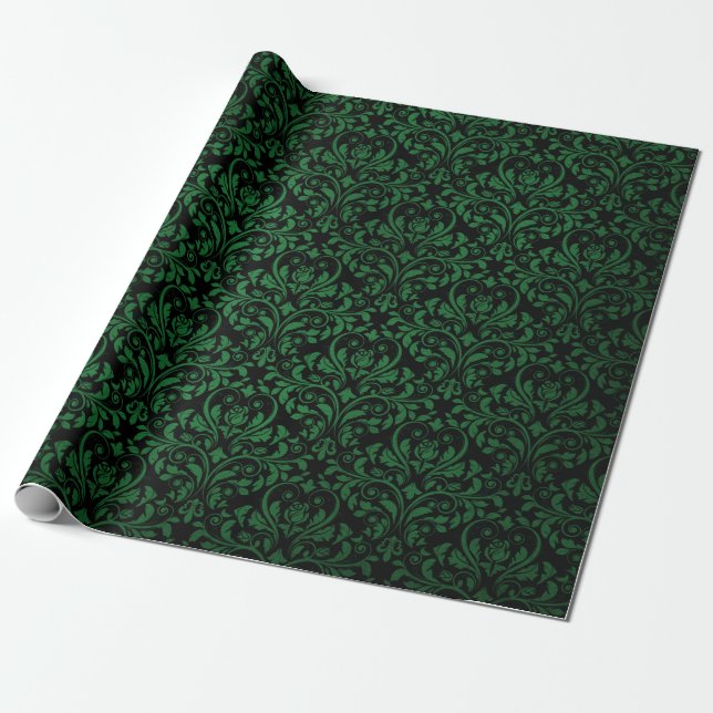 Papel De Presente Impressão de Damasco Russo Negro e Verde (Desenrolado)