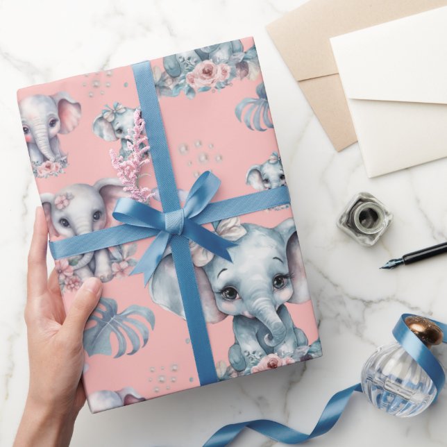 Papel De Presente Impressão de Elefante Cento em Fundo Rosa (Presentear)