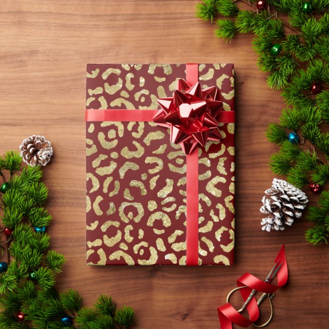 Papel De Presente Impressão de Glam Leopardo Dourado Vermelho (Presente de Natal)
