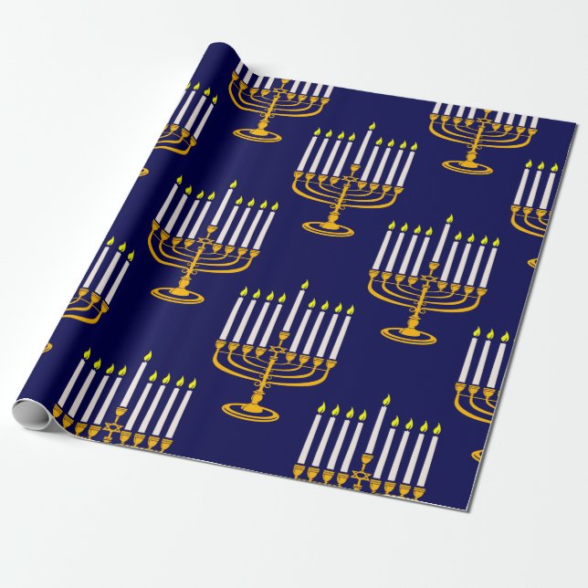Papel De Presente impressão de judeus menorah hanukkah azul (Desenrolado)