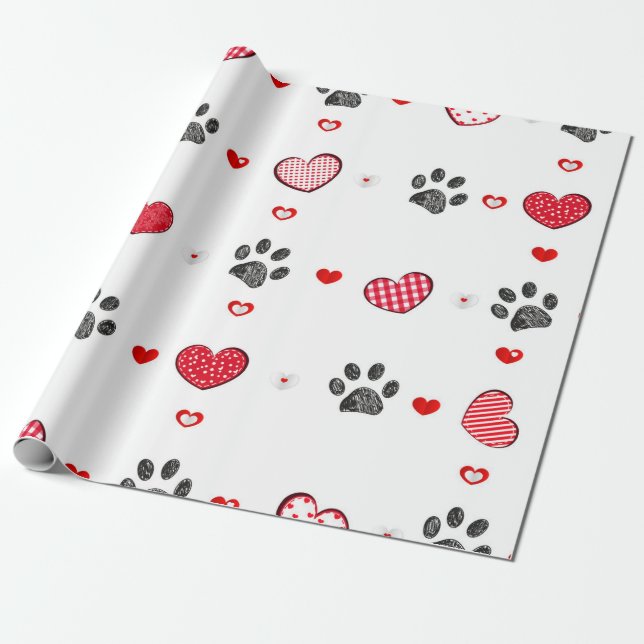 Papel De Presente Impressão de pata preta rabiscada com coração (Desenrolado)