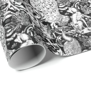 Papel De Presente Impressão de Pavão Art Nouveau, Preto e Branco