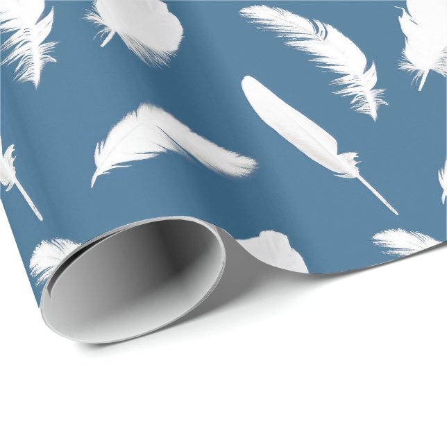 Papel De Presente Impressão de pena branca no azul denim (Ponta do rolo)