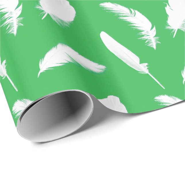 Papel De Presente Impressão de pena branca no jade green (Ponta do rolo)