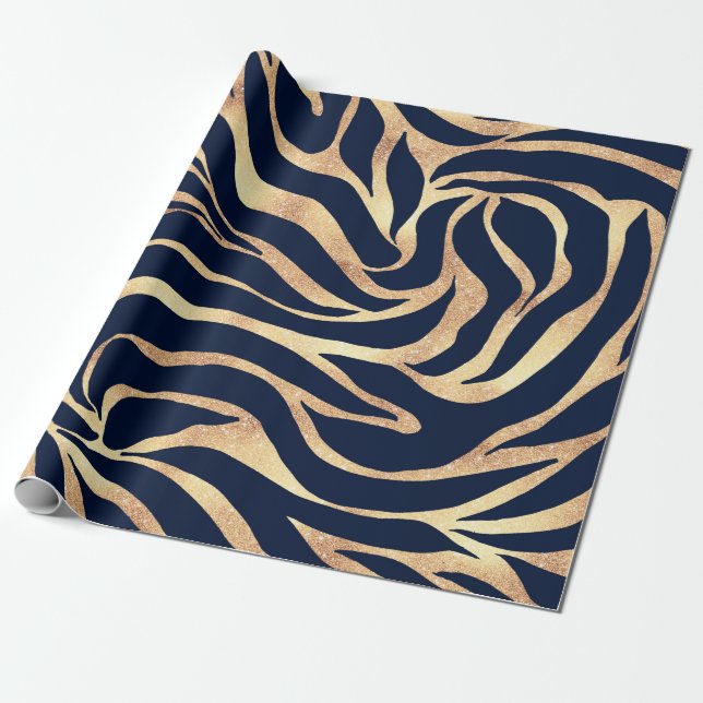Papel De Presente Impressão de Zebra Azul Dourada Elegante Marinho (Desenrolado)