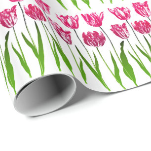 Papel De Presente Impressão do Jardim Tulipino em Fuchsia Rosa e Ve