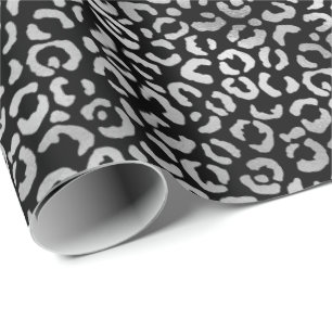 Papel De Presente Impressão do Leopardo Preto Glam Prateado