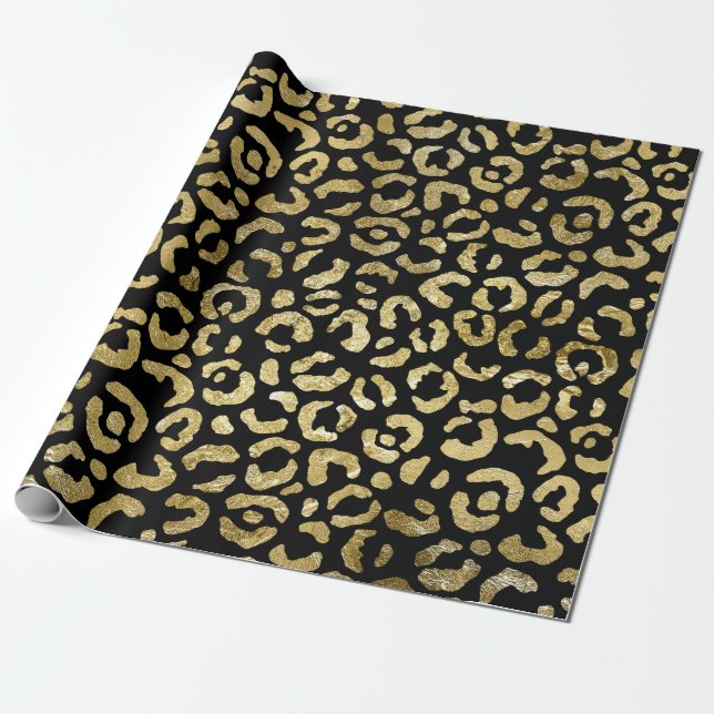 Papel De Presente Impressão Dourada de Leopardo Preto Luxurista Glam (Desenrolado)