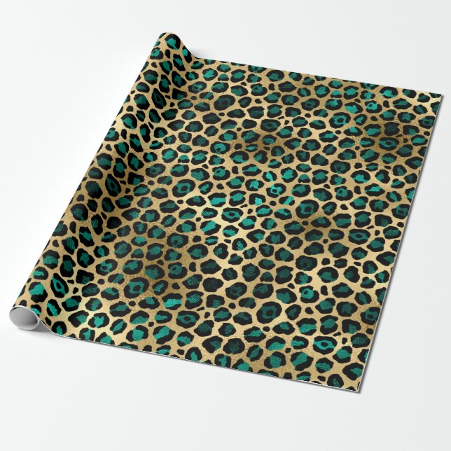 Papel De Presente Impressão Dourada Elegante de Leopardo Teal Leopar (Desenrolado)