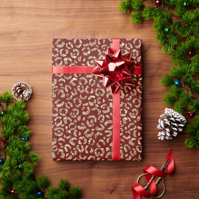 Papel De Presente Impressão Dourada Leopardo com brilho vermelho (Presente de Natal)