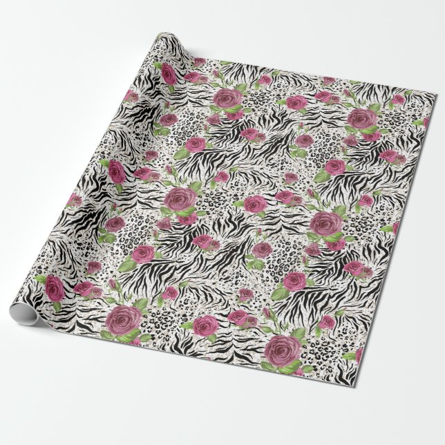Papel De Presente Impressão e Rosas animais (Desenrolado)