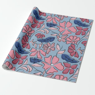 Papel De Presente Impressão Floral em Bloco Desenhado à Mão em Rosa