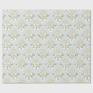 Papel De Presente Impressão Floral em Verde Sálvia sobre Azul Claro