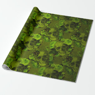 Papel De Presente Impressão Floral Gótica de Caveira Halloween Rústi