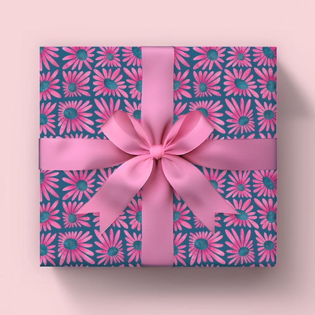Papel De Presente Impressão floral moderna em bloco rosa margarida (Modern block print pink floral retro kitsch wrapping paper rolls.)