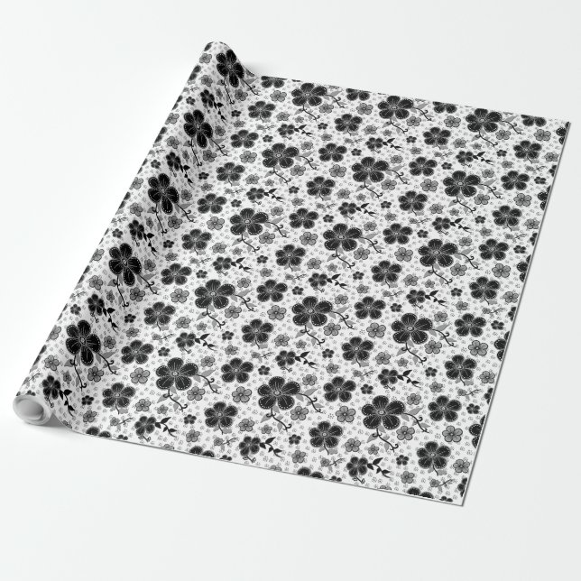 Papel De Presente Impressão Floral Preto e Branco (Desenrolado)