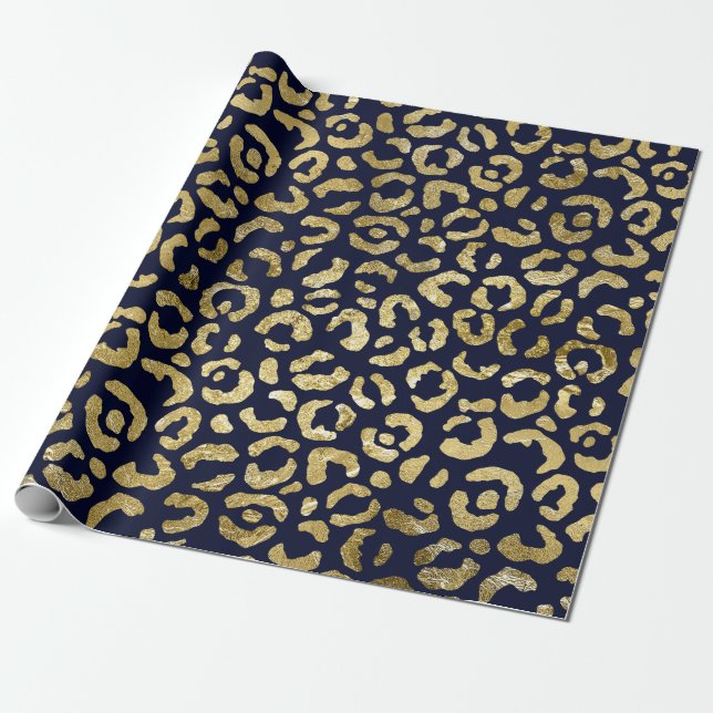 Papel De Presente Impressão Leopard, Marinho Dourado, Luxurista Glam (Desenrolado)