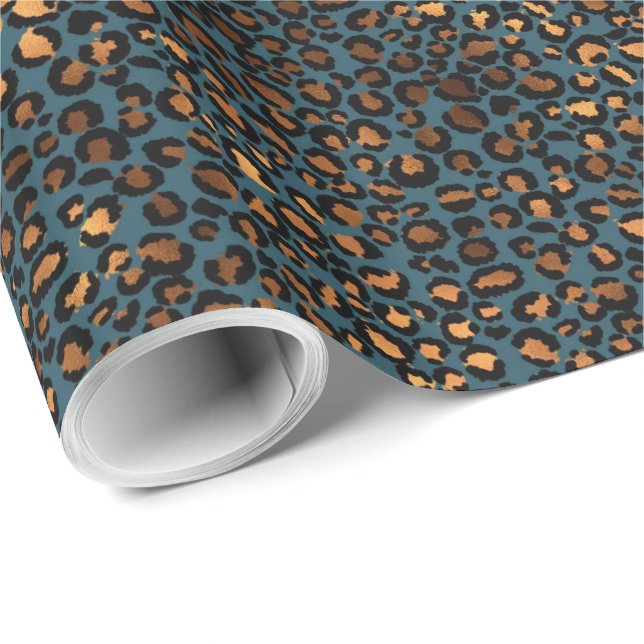 Papel De Presente Impressão Leopardo de Bronze Azul (Ponta do rolo)