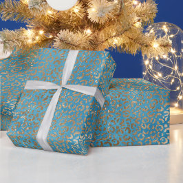 Papel De Presente Impressão Leopardo Dourada Turquesa Azul