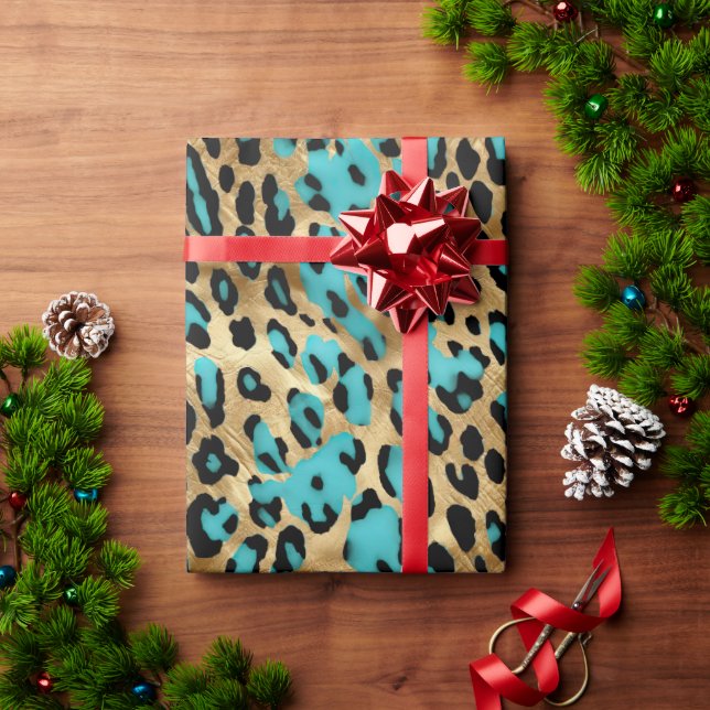 Papel De Presente Impressão Leopardo Turquesa Dourada (Presente de Natal)