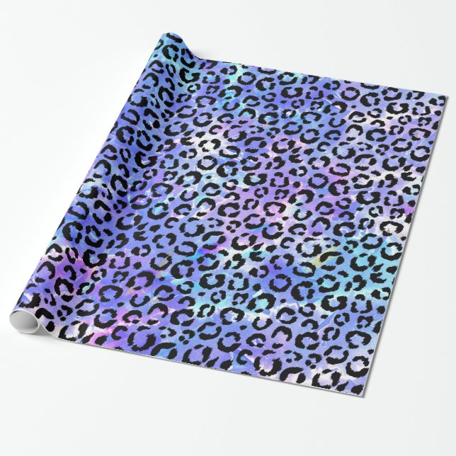Papel De Presente Impressão preto do leopardo no fundo azul da (Desenrolado)