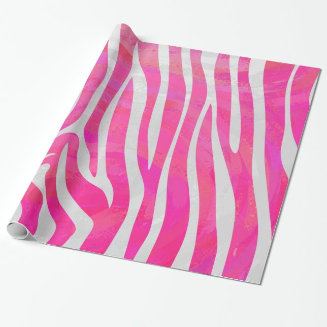 Papel De Presente Impressão quente de rosa da zebra e branco (Desenrolado)