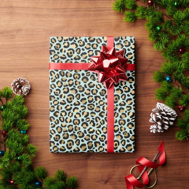 Papel De Presente Impressão verde Leopardo Glam Dourada Mint   (Presente de Natal)