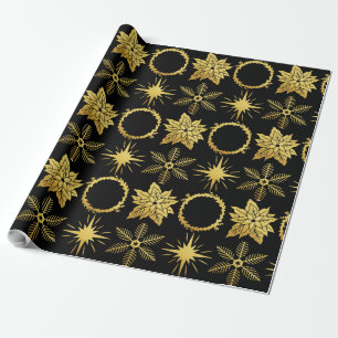 Papel De Presente Impressão XMAS PRETO DO NATAL FLORAL DO OURO FEST