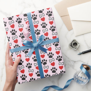 Papel De Presente Impressões de Pata de Cachorro Corações Vermelhos