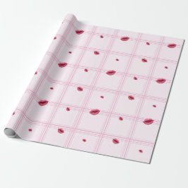Papel De Presente Impressões Labiais Rosas em Xadrez. Dia dos Namora