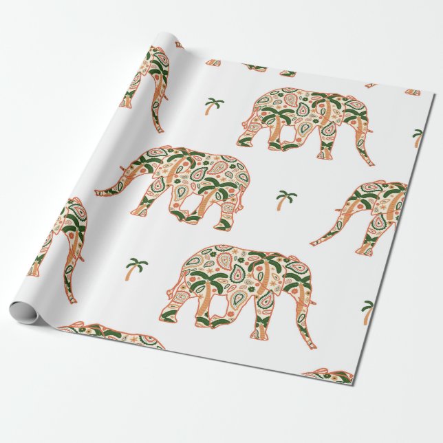 Papel De Presente Indian Floral Paisley Ornate Elephants (Desenrolado)