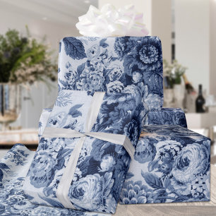 Papel De Presente Indigo Azul e Branco Floral Toile Vintage Nº 3