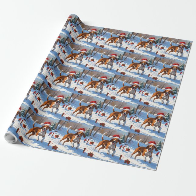 Papel De Presente Inglês Americano Foxhound Natal Festivo Neve (Desenrolado)