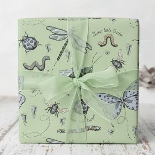 Papel De Presente Insetos de Bebê Azul e Boho Verde de Pastel Moles 