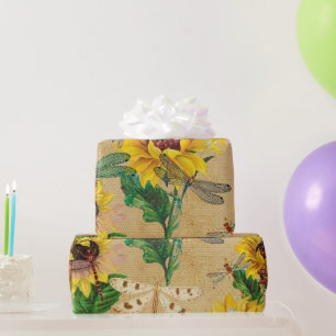 Papel De Presente Insetos De Dragões De Girassol Amarelo Retroativ