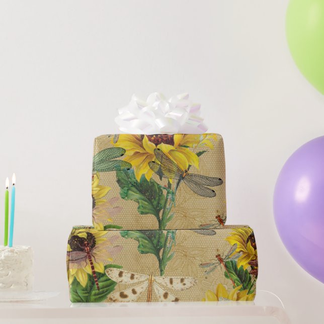 Papel De Presente  Insetos De Dragões De Girassol Amarelo Retroativo (Presentes para festas)